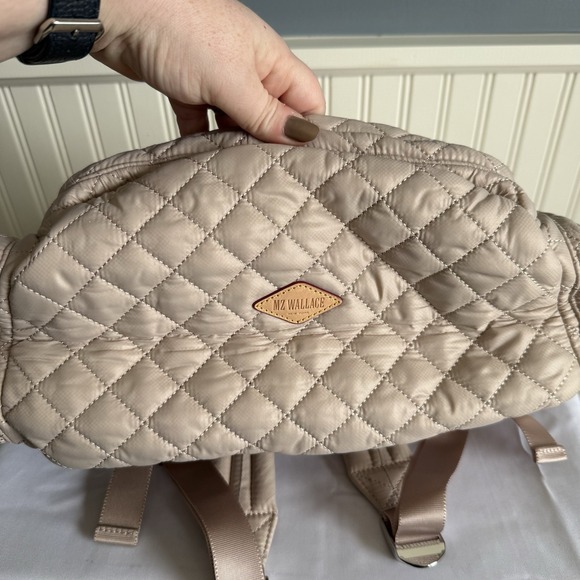 MZ Wallace Pocket Metro Quilted Nylon Backpack Diaper Laptop Work Bag Beige Tan - Picture 3 of 16